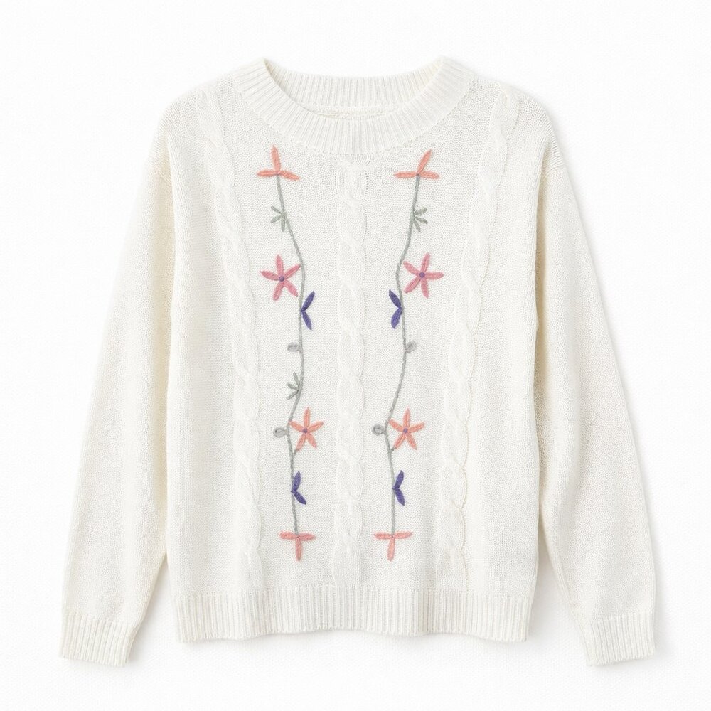 #055 KNIT SET | White Knit Sweater with Pink Floral Design - Women's Medium